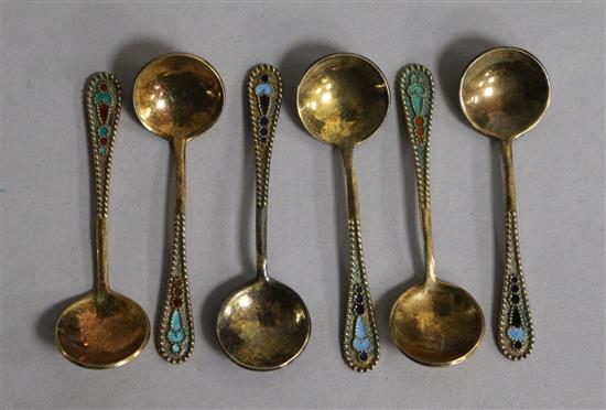 Six mid 20th century Soviet 875 zolotnik silver gilt and enamel salt spoons.